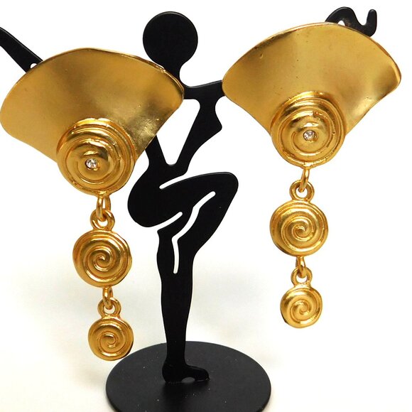 Vintage 1980's Matte Gold Fan Linking Dangle Pierced Earrings Rhinestone - Picture 1 of 4